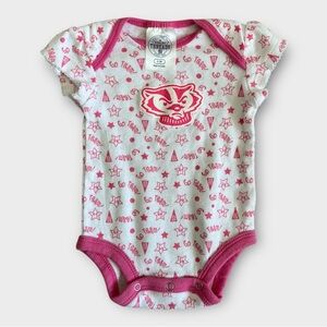 UW Madison Bucky Badger Baby Infant One Piece Body Suit Pink White 0-3 Months